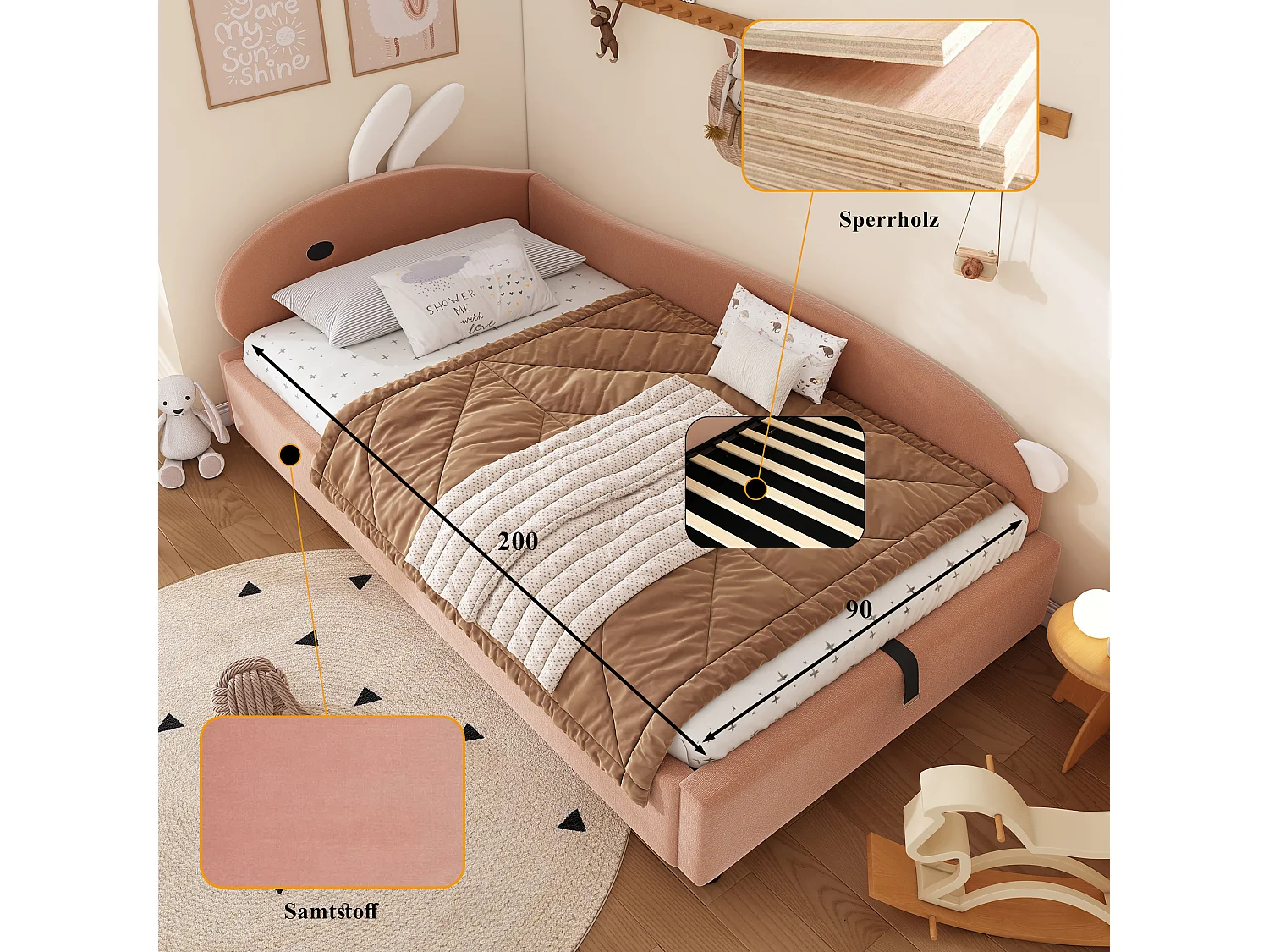 Lit coffre 90 x 200 cm - Lit simple coté droit avec tête de lit lapin et panneau latéral droit - velours rose