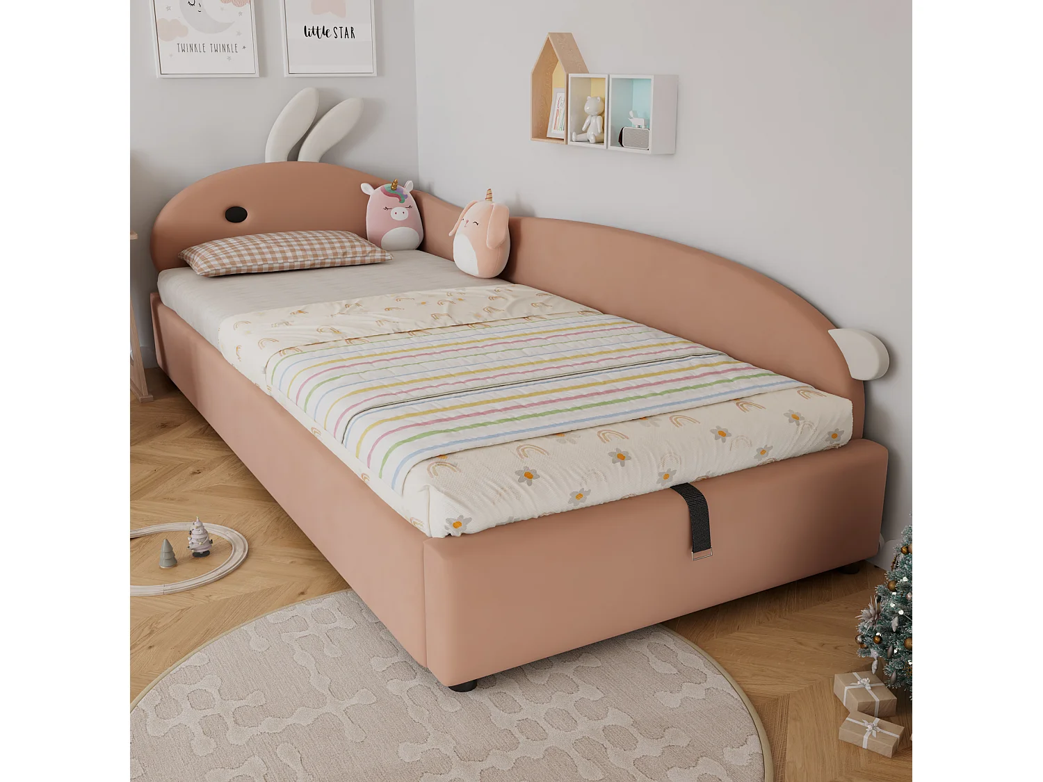 Lit coffre 90 x 200 cm - Lit simple coté droit avec tête de lit lapin et panneau latéral droit - velours rose