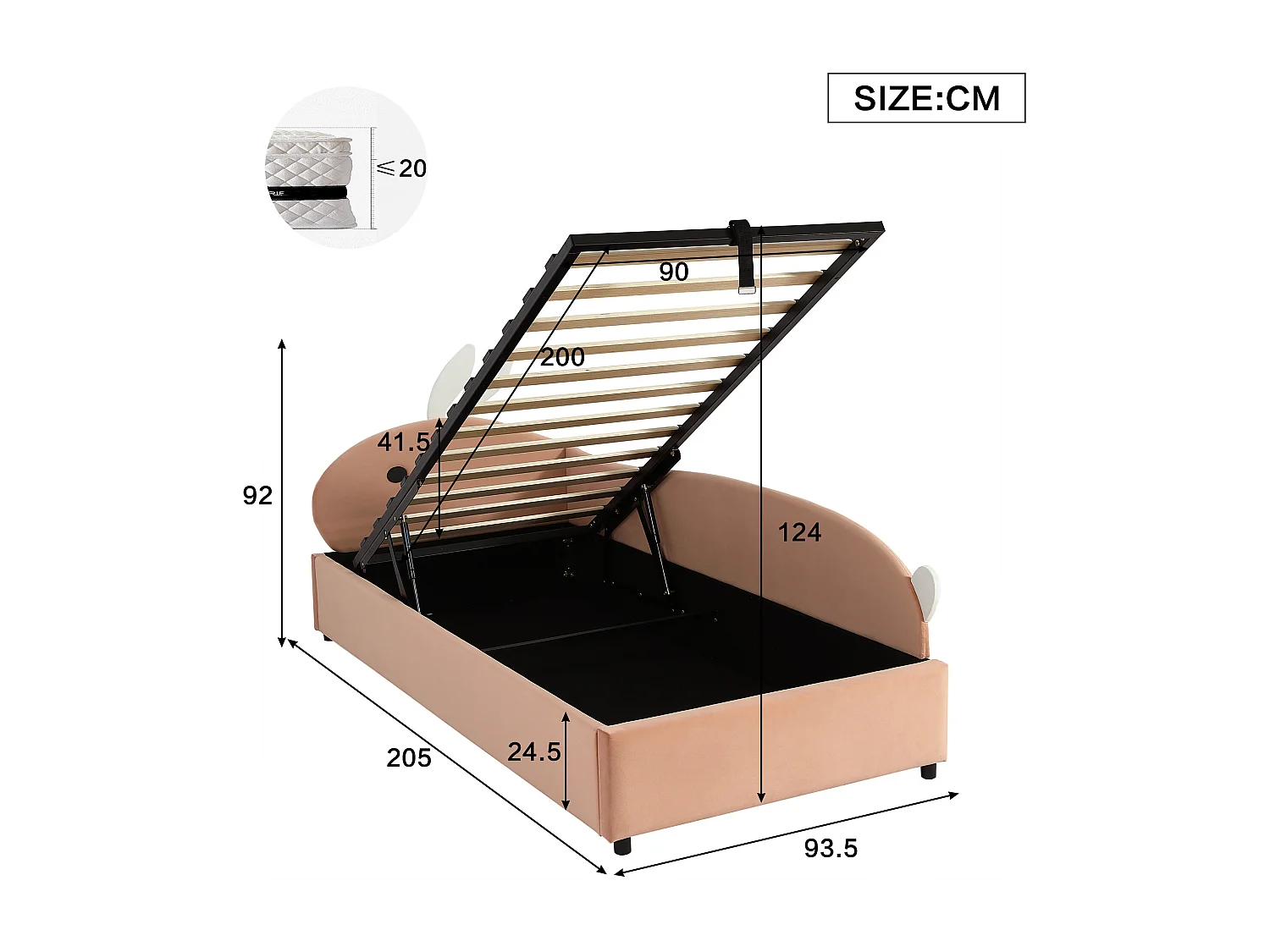 Lit coffre 90 x 200 cm - Lit simple coté droit avec tête de lit lapin et panneau latéral droit - velours rose