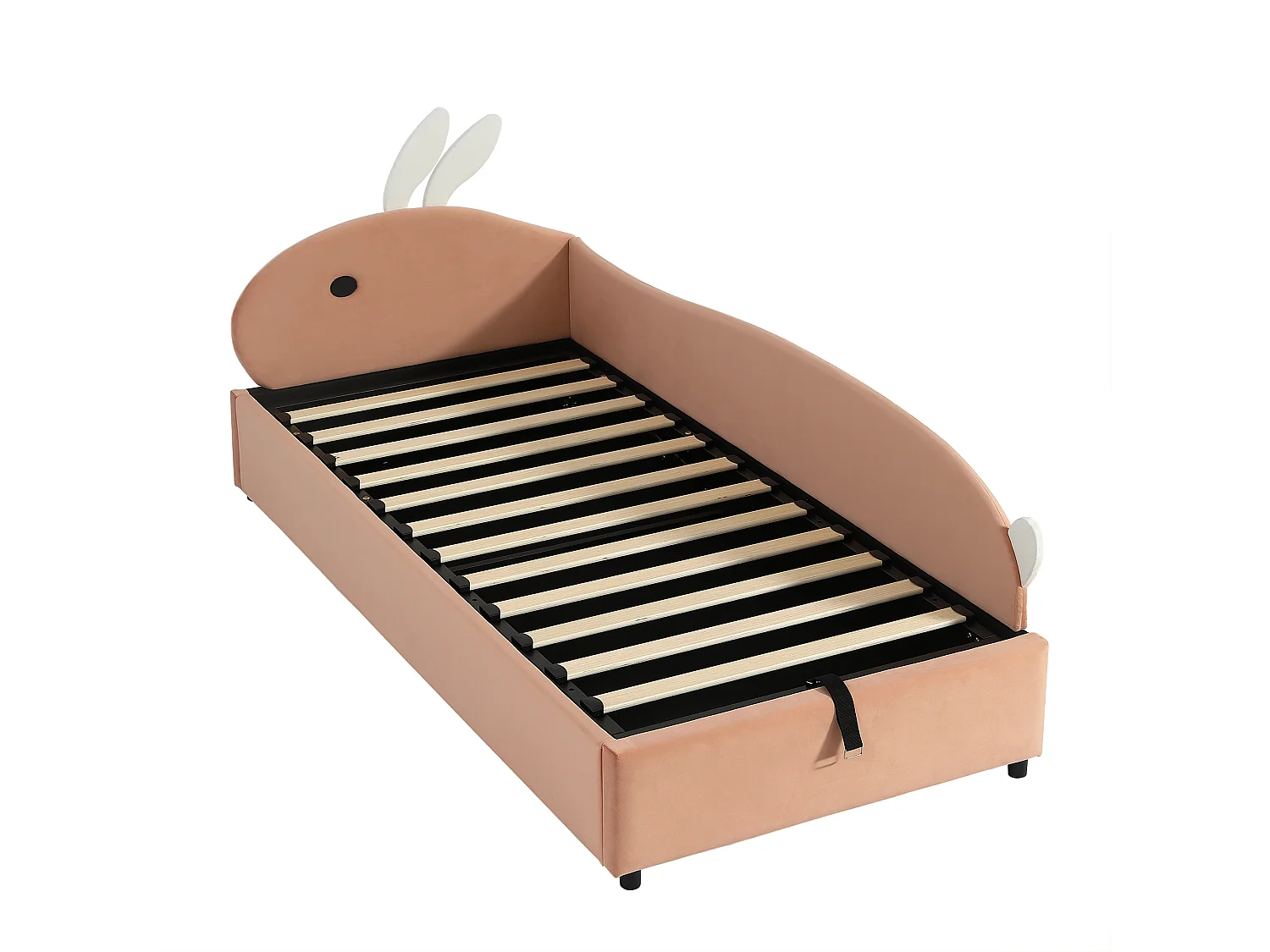 Lit coffre 90 x 200 cm - Lit simple coté droit avec tête de lit lapin et panneau latéral droit - velours rose