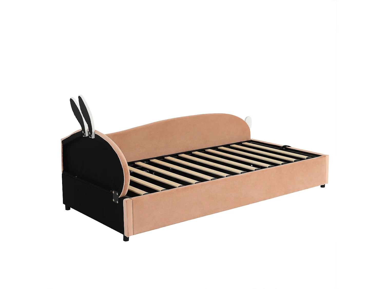 Lit coffre 90 x 200 cm - Lit simple coté droit avec tête de lit lapin et panneau latéral droit - velours rose