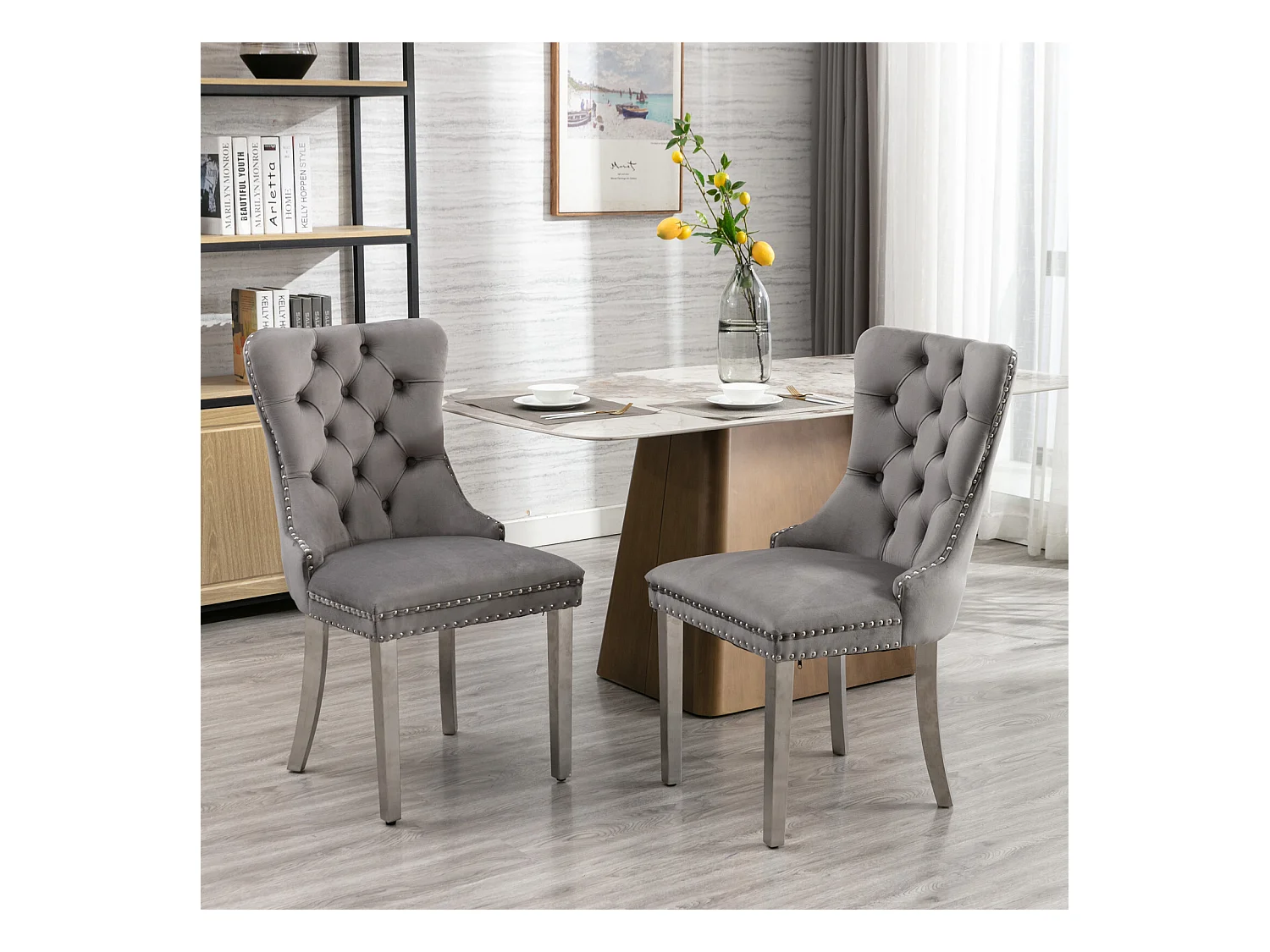 Lot de 2 chaises de salle à manger - Chaises avec dossier rembourré et pieds en acier inoxydable argent - avec garniture cloutée - velours gris