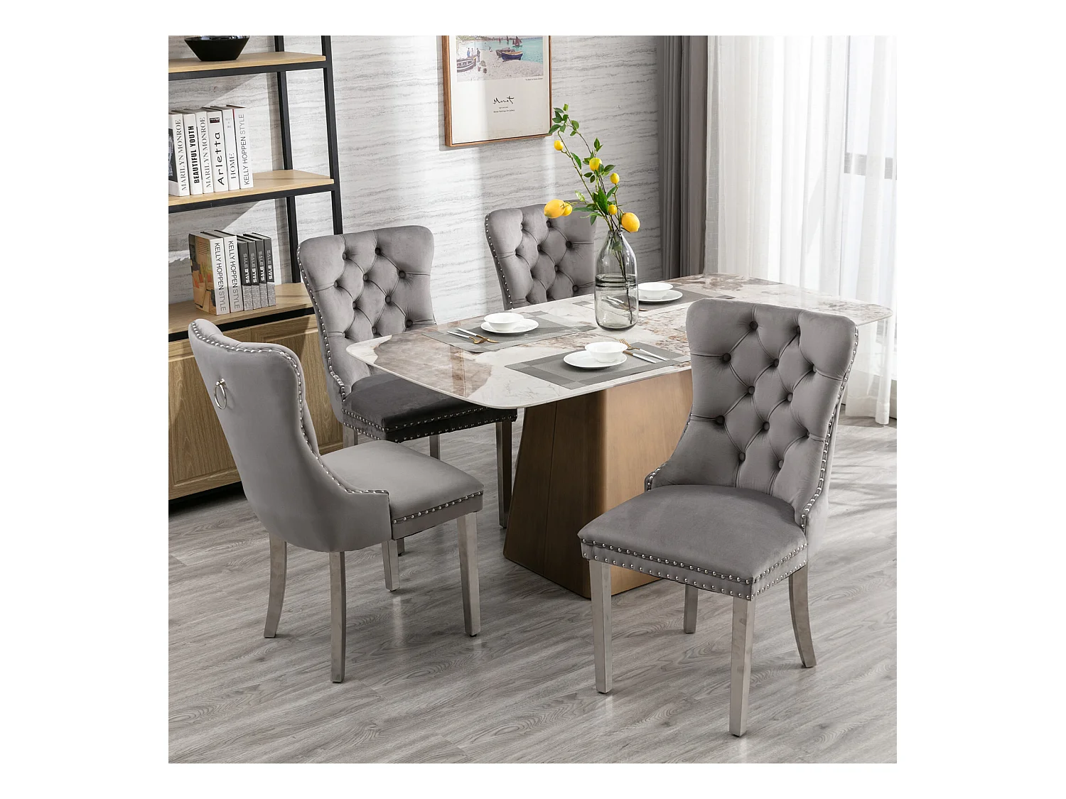 Lot de 2 chaises de salle à manger - Chaises avec dossier rembourré et pieds en acier inoxydable argent - avec garniture cloutée - velours gris