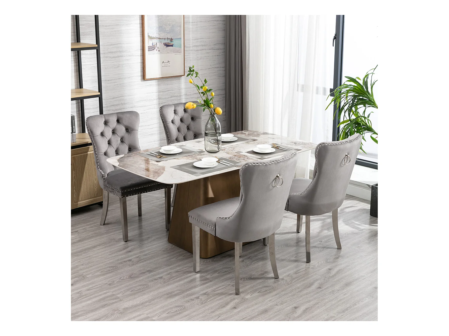 Lot de 2 chaises de salle à manger - Chaises avec dossier rembourré et pieds en acier inoxydable argent - avec garniture cloutée - velours gris