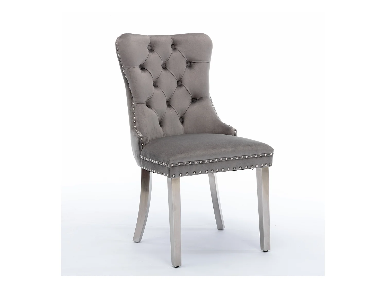 Lot de 2 chaises de salle à manger - Chaises avec dossier rembourré et pieds en acier inoxydable argent - avec garniture cloutée - velours gris