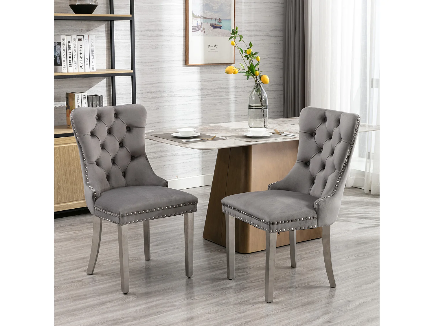 Lot de 2 chaises de salle à manger - Chaises avec dossier rembourré et pieds en acier inoxydable argent - avec garniture cloutée - velours gris