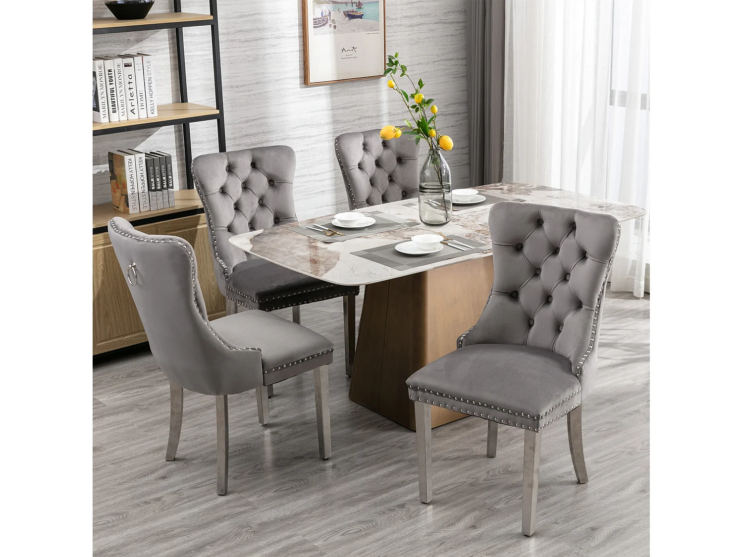 Lot de 2 chaises de salle à manger - Chaises avec dossier rembourré et pieds en acier inoxydable argent - avec garniture cloutée - velours gris