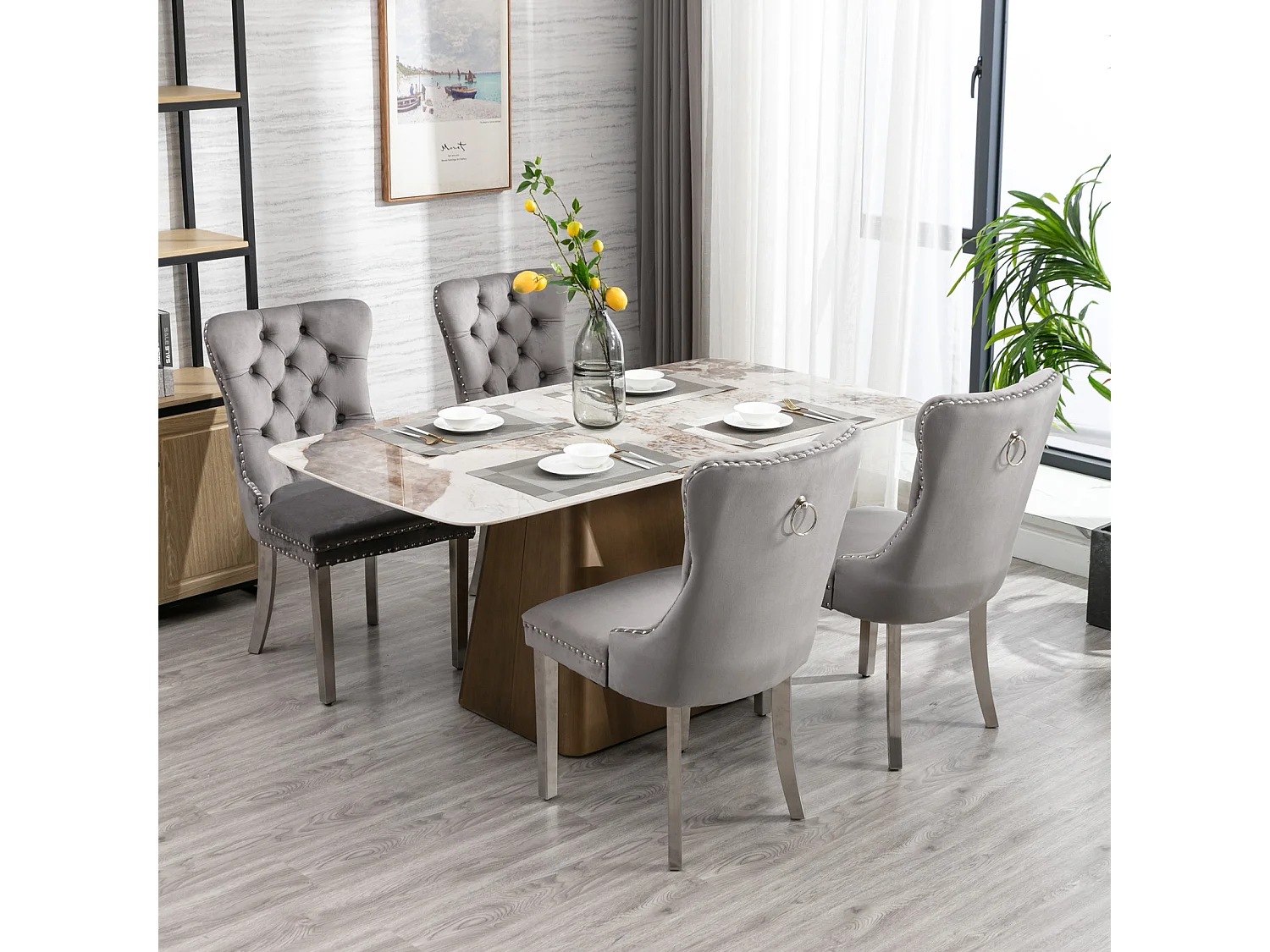 Lot de 2 chaises de salle à manger - Chaises avec dossier rembourré et pieds en acier inoxydable argent - avec garniture cloutée - velours gris