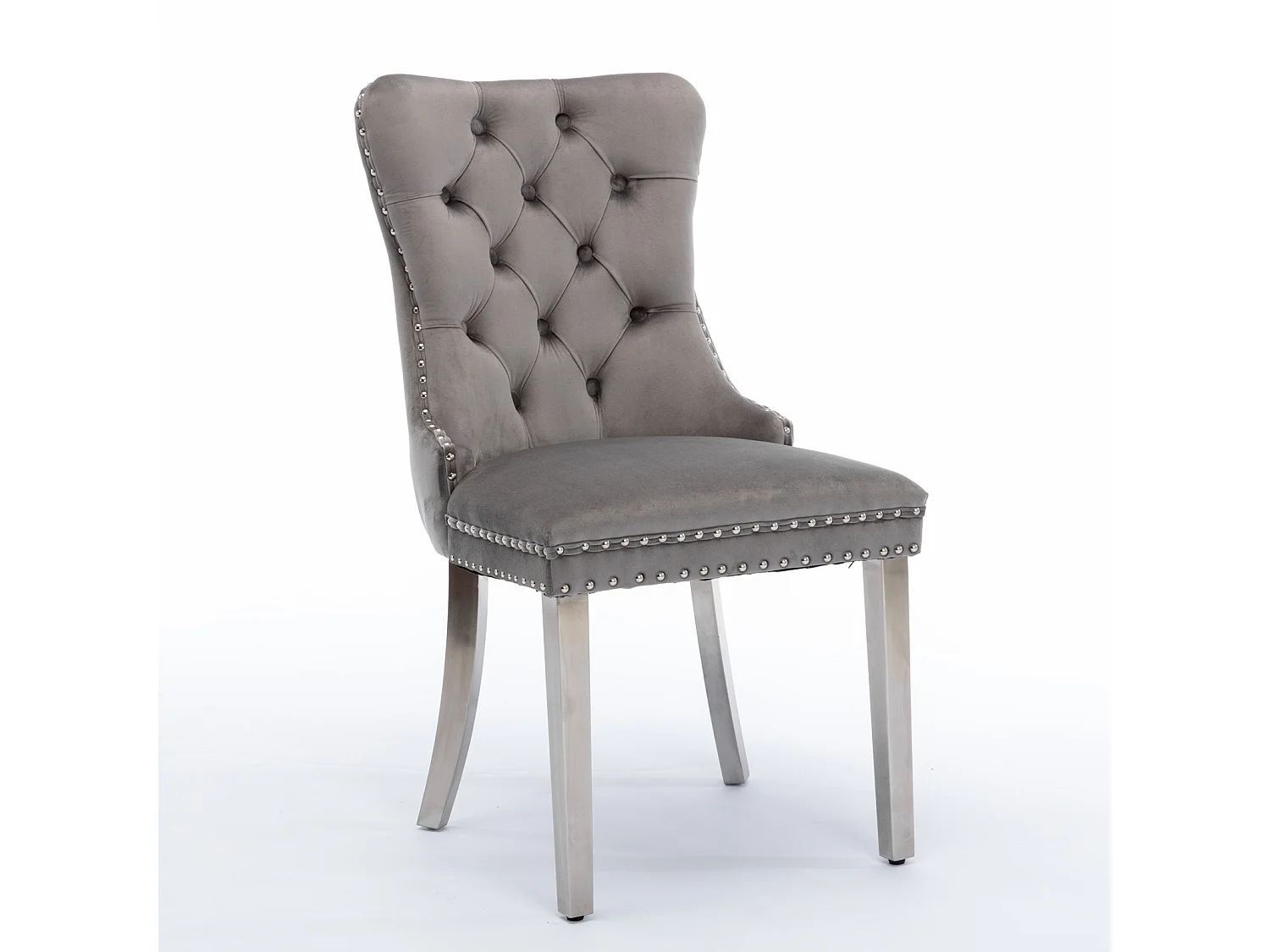 Lot de 2 chaises de salle à manger - Chaises avec dossier rembourré et pieds en acier inoxydable argent - avec garniture cloutée - velours gris