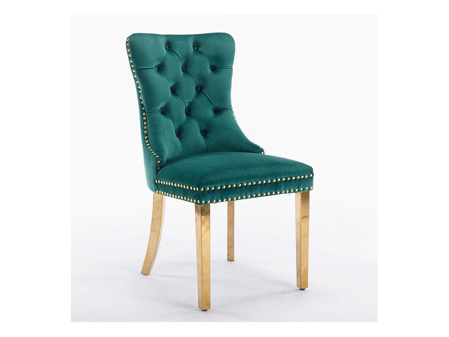 Set van 2 eetkamerstoelen - Stoelen met gewatteerde rugleuningen en gouden roestvrijstalen poten - met studs - groen fluweel