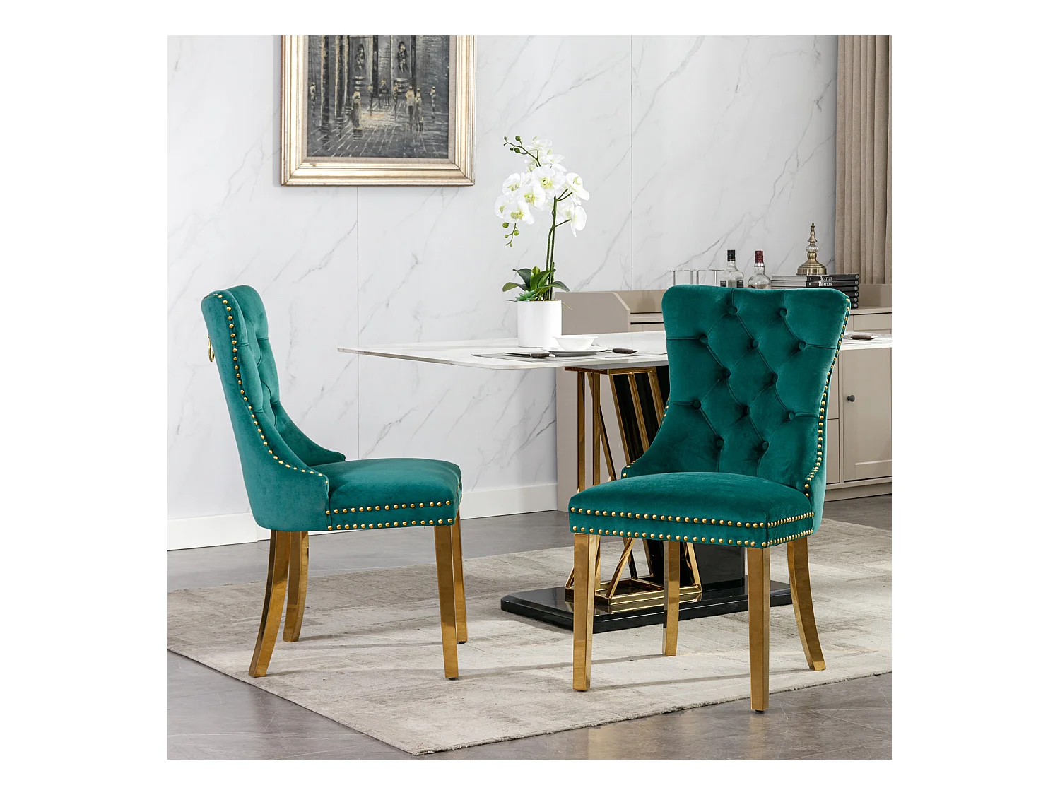 Set di 2 sedie da pranzo - Sedie con schienali imbottiti e gambe in acciaio inossidabile dorato - con finiture borchiate - velluto verde