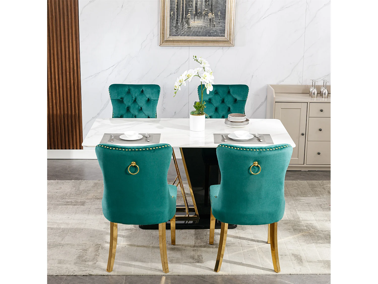 Set di 2 sedie da pranzo - Sedie con schienali imbottiti e gambe in acciaio inossidabile dorato - con finiture borchiate - velluto verde