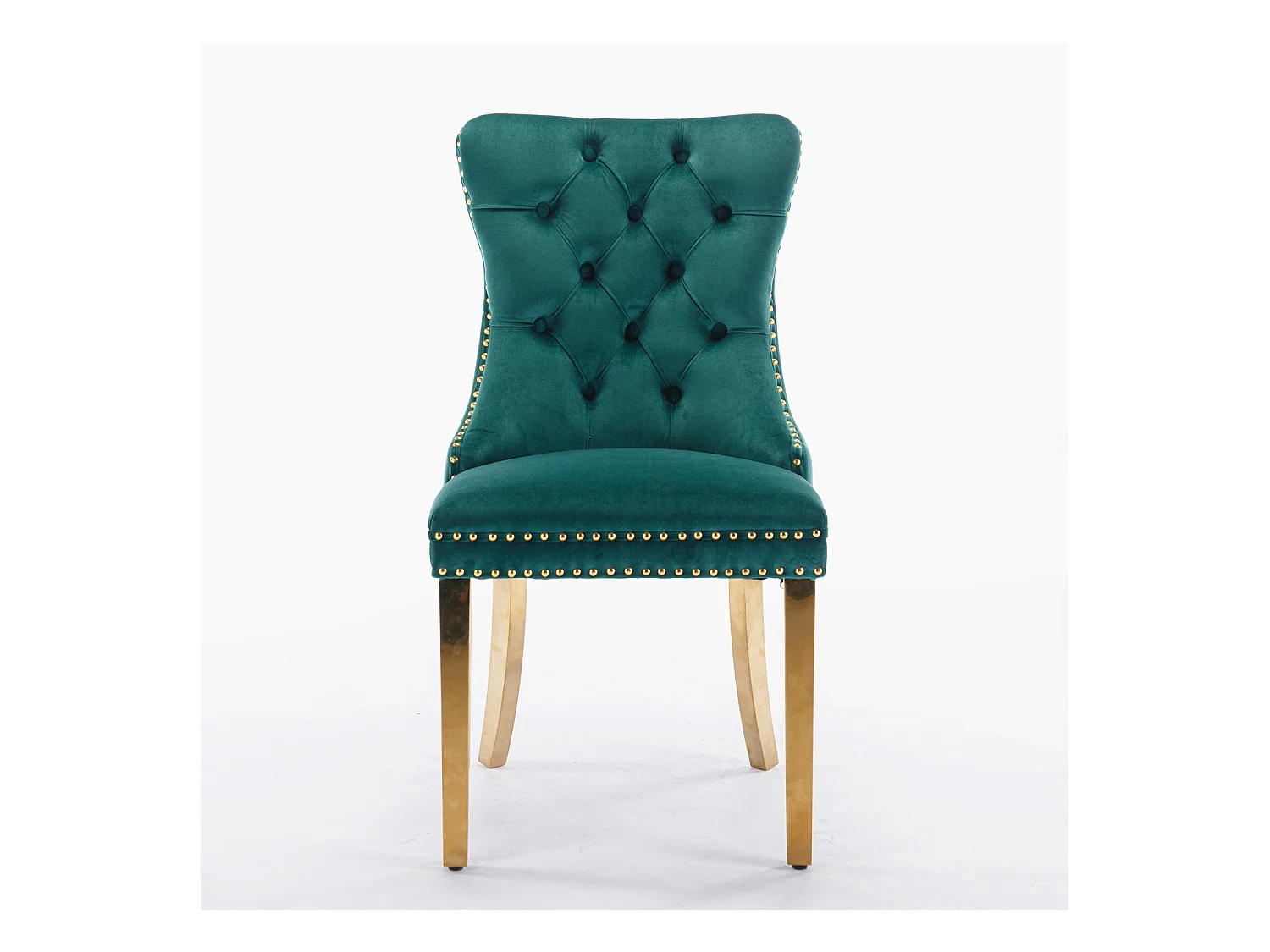 Set di 2 sedie da pranzo - Sedie con schienali imbottiti e gambe in acciaio inossidabile dorato - con finiture borchiate - velluto verde