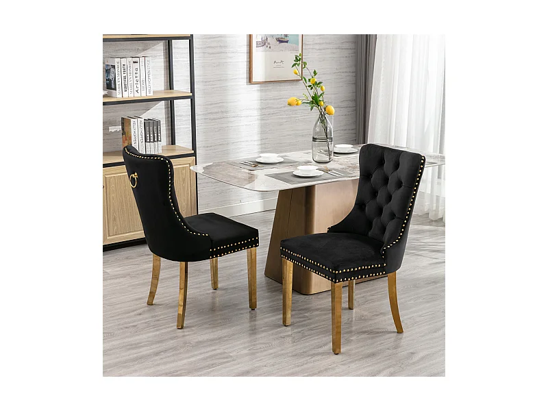 Lot de 2 chaises de salle à manger - Chaises avec dossier rembourré et pieds en acier inoxydable doré - avec garniture cloutée - velours noir