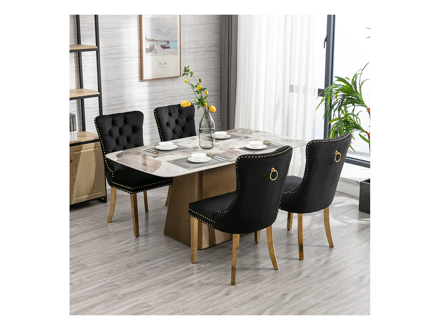 Lot de 2 chaises de salle à manger - Chaises avec dossier rembourré et pieds en acier inoxydable doré - avec garniture cloutée - velours noir