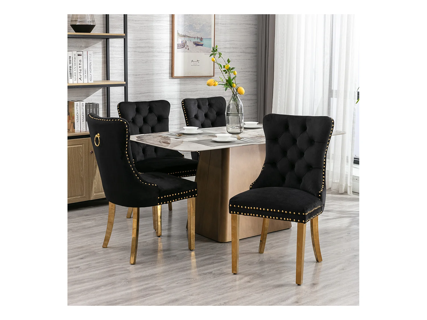 Lot de 2 chaises de salle à manger - Chaises avec dossier rembourré et pieds en acier inoxydable doré - avec garniture cloutée - velours noir