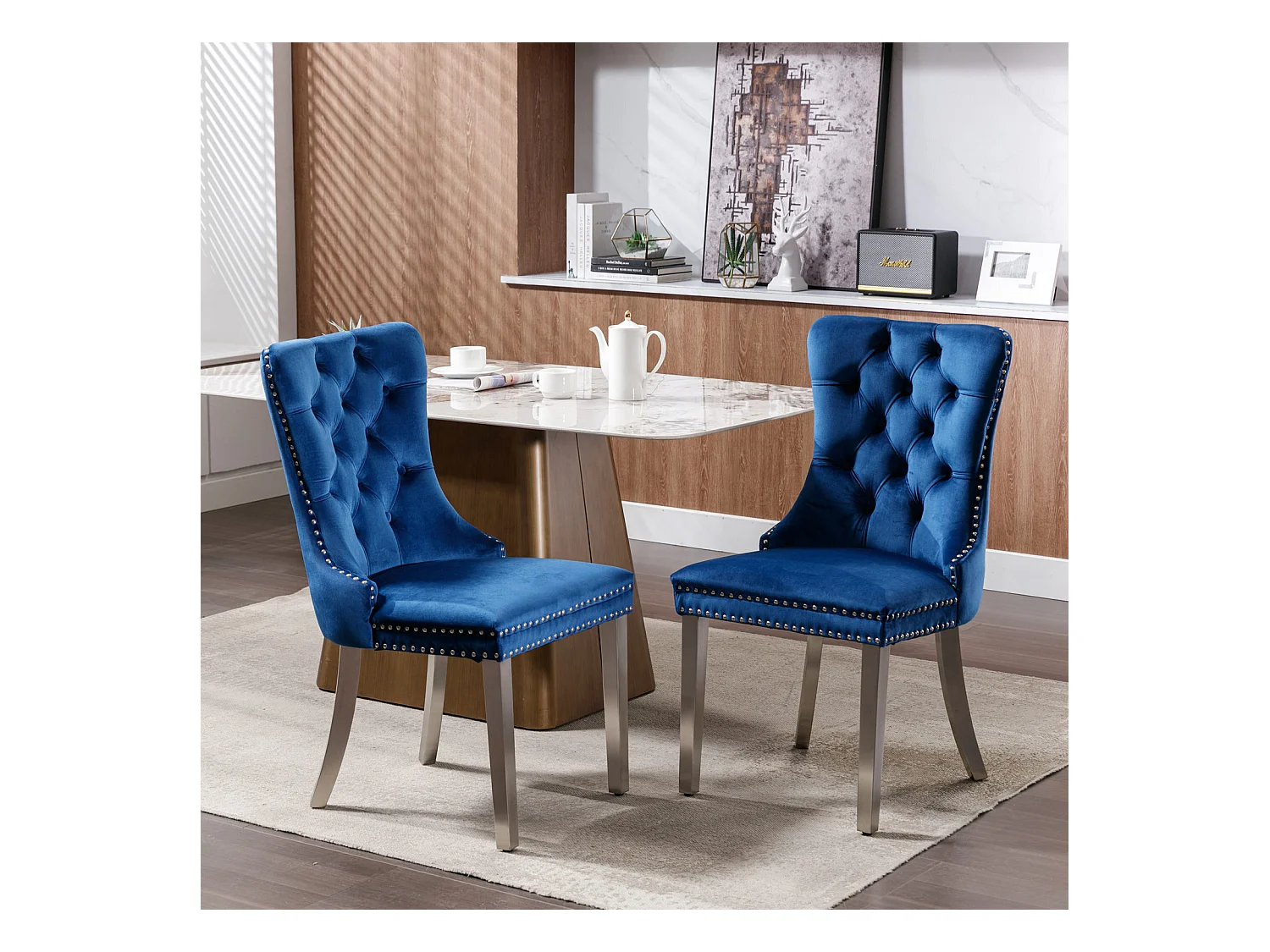 Lot de 2 chaises de salle à manger - Chaises avec dossier rembourré et pieds en acier inoxydable argent - avec garniture cloutée - velours bleu