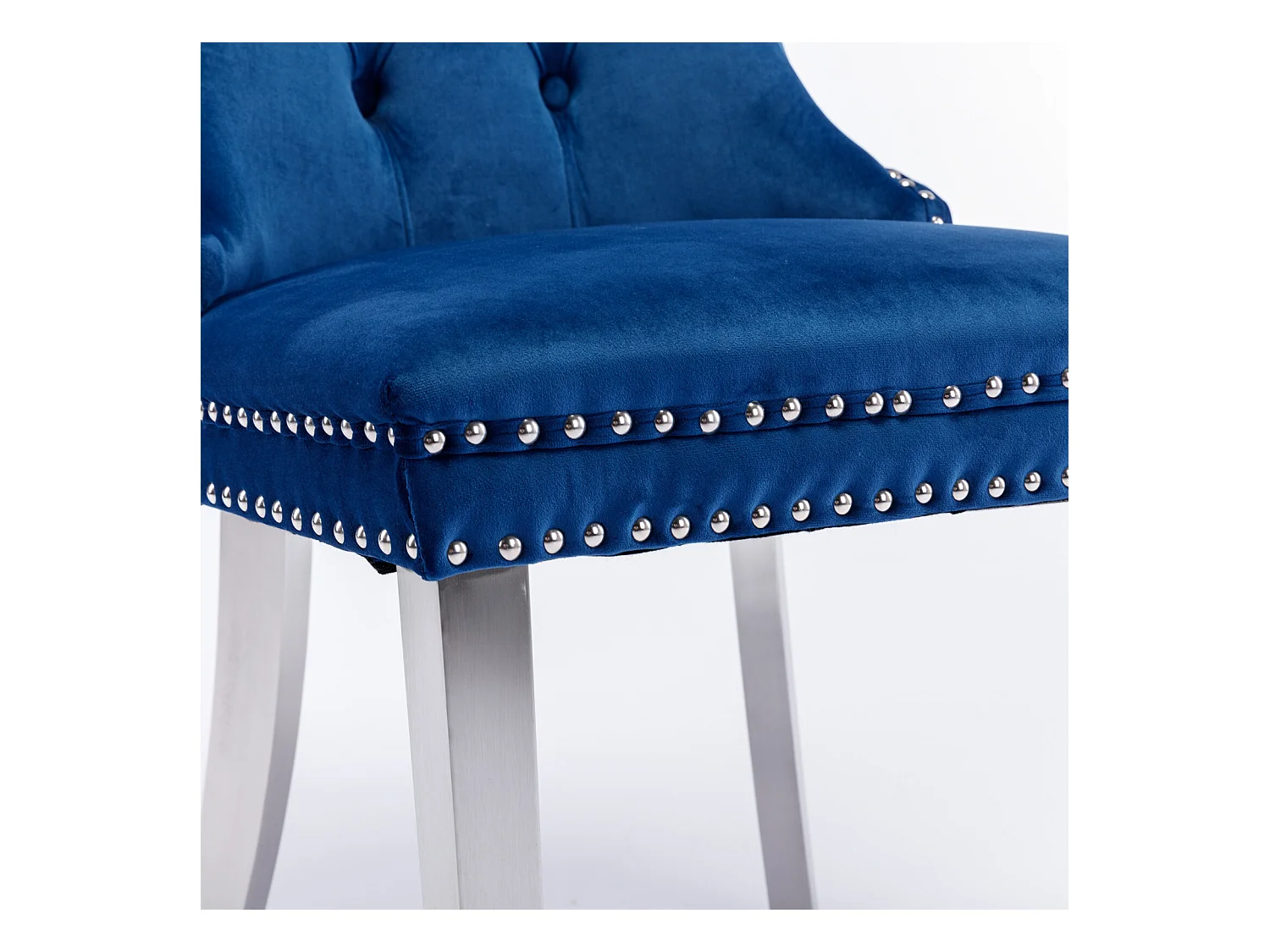 Lot de 2 chaises de salle à manger - Chaises avec dossier rembourré et pieds en acier inoxydable argent - avec garniture cloutée - velours bleu