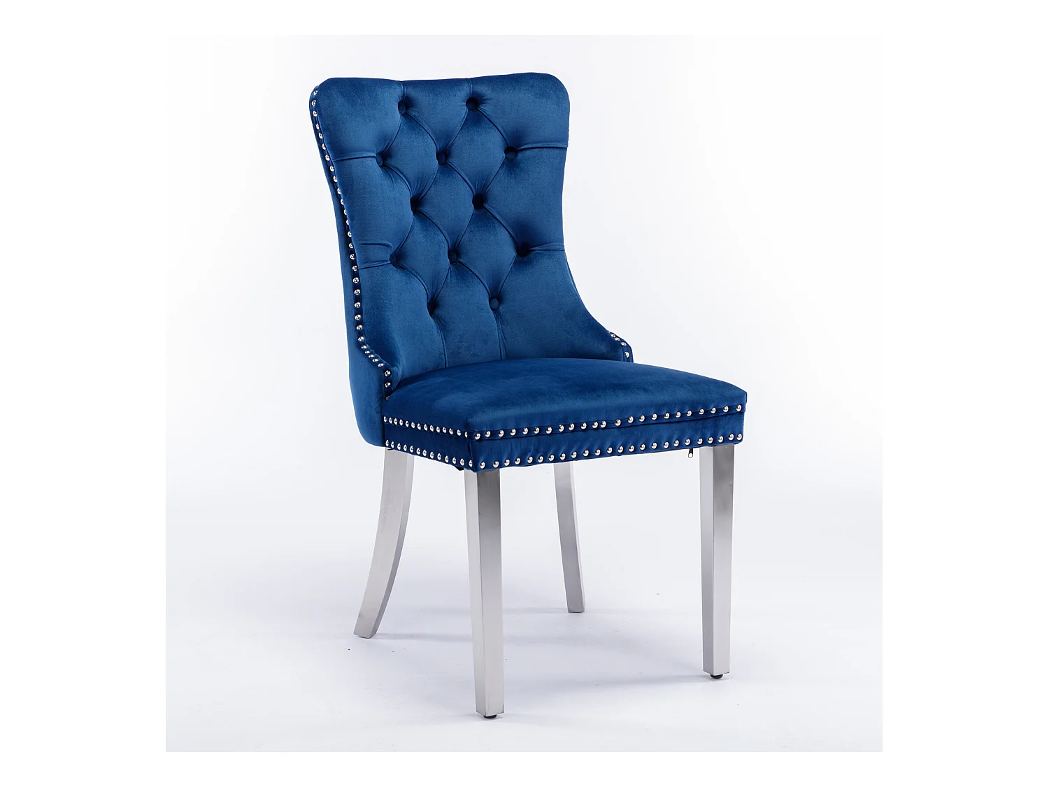 Lot de 2 chaises de salle à manger - Chaises avec dossier rembourré et pieds en acier inoxydable argent - avec garniture cloutée - velours bleu