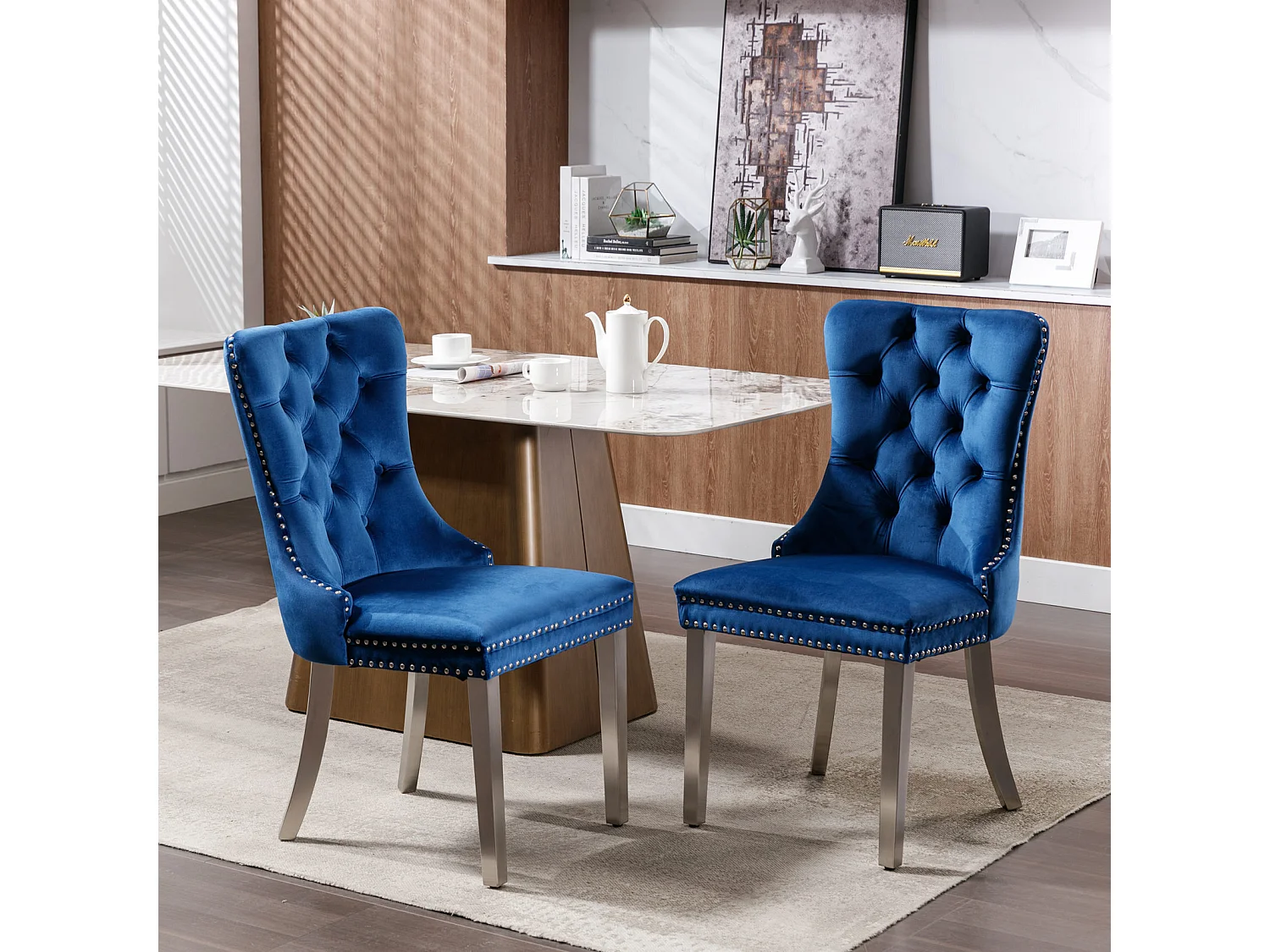 Lot de 2 chaises de salle à manger - Chaises avec dossier rembourré et pieds en acier inoxydable argent - avec garniture cloutée - velours bleu
