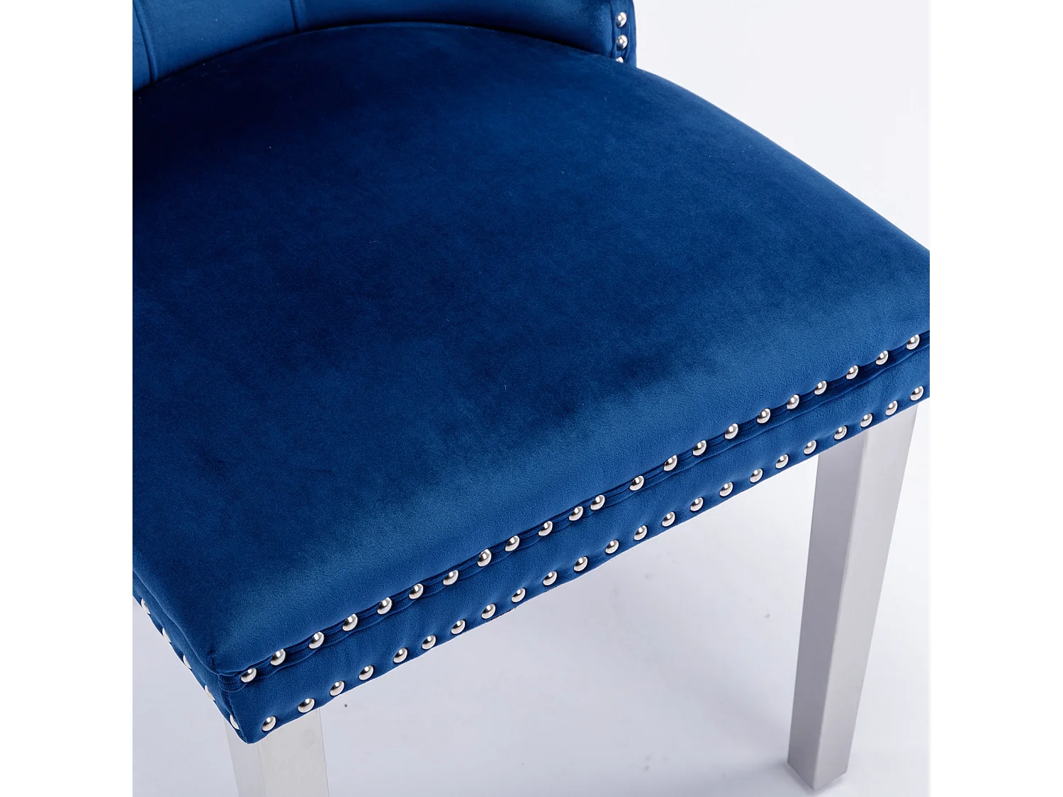 Lot de 2 chaises de salle à manger - Chaises avec dossier rembourré et pieds en acier inoxydable argent - avec garniture cloutée - velours bleu