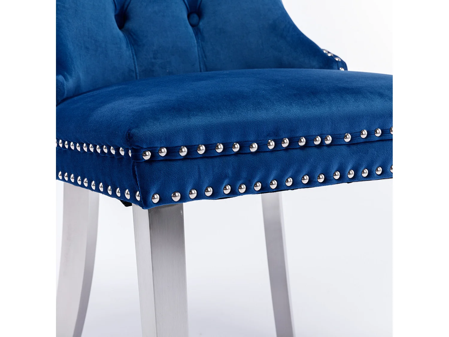 Lot de 2 chaises de salle à manger - Chaises avec dossier rembourré et pieds en acier inoxydable argent - avec garniture cloutée - velours bleu
