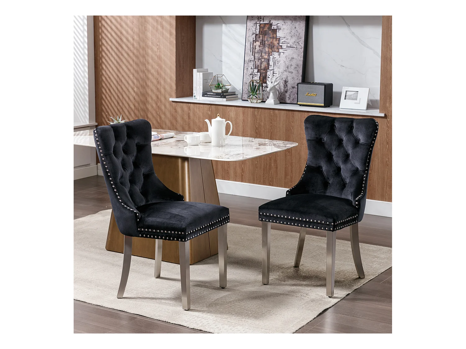 Lot de 2 chaises de salle à manger - Chaises avec dossier rembourré et pieds en acier inoxydable argent - avec garniture cloutée - velours noir