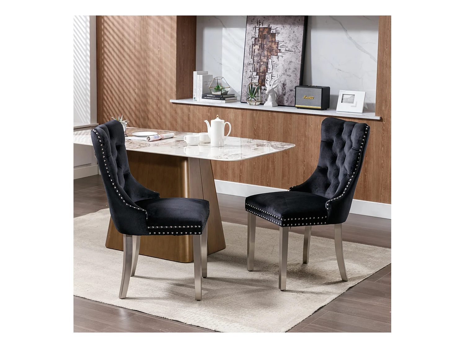 Lot de 2 chaises de salle à manger - Chaises avec dossier rembourré et pieds en acier inoxydable argent - avec garniture cloutée - velours noir
