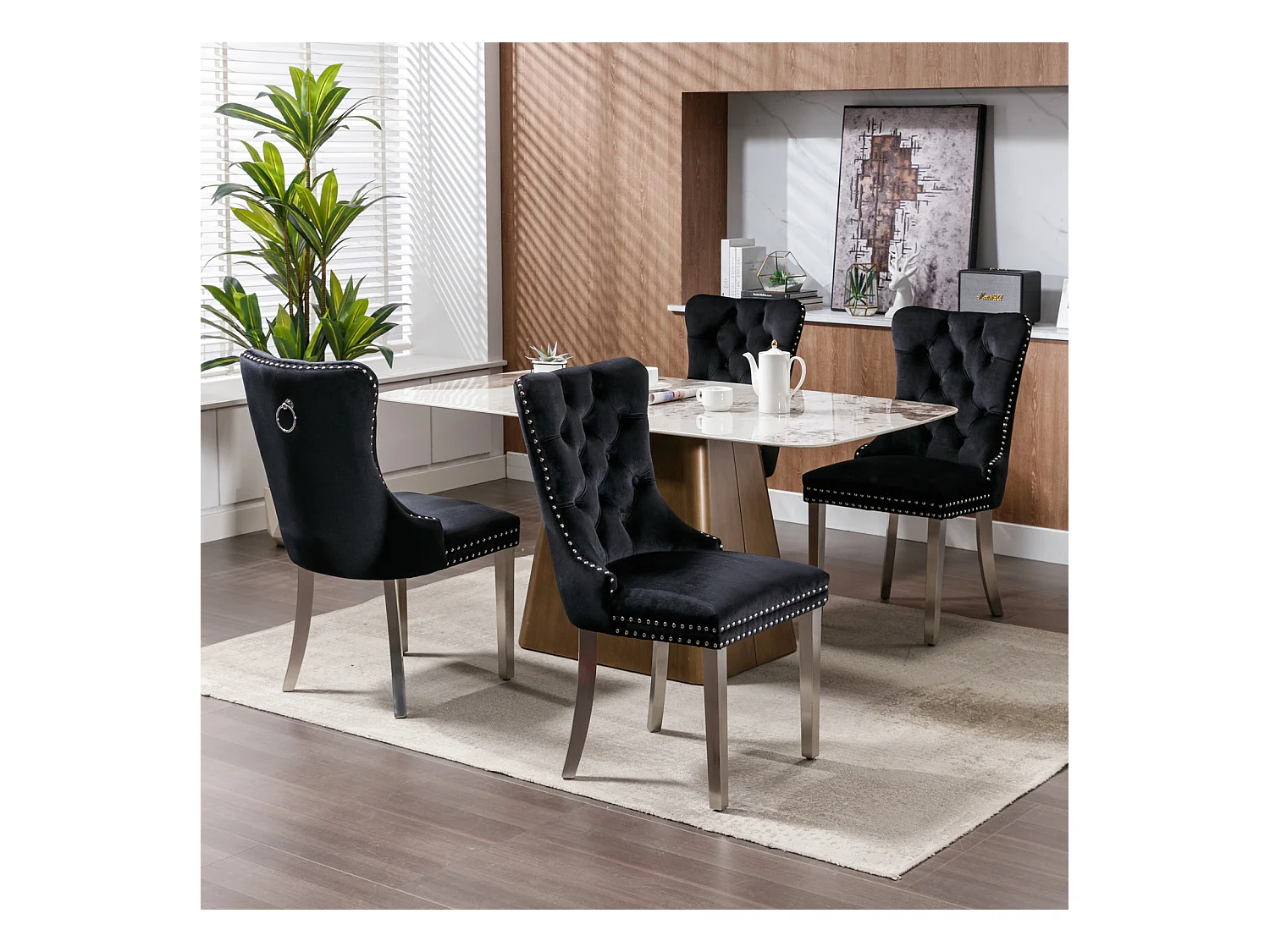 Lot de 2 chaises de salle à manger - Chaises avec dossier rembourré et pieds en acier inoxydable argent - avec garniture cloutée - velours noir