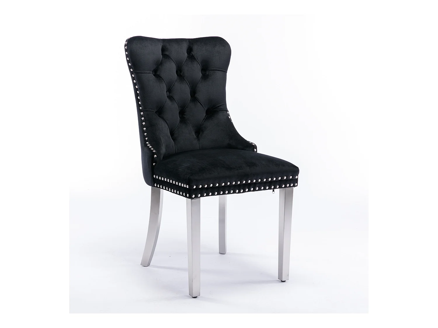 Lot de 2 chaises de salle à manger - Chaises avec dossier rembourré et pieds en acier inoxydable argent - avec garniture cloutée - velours noir