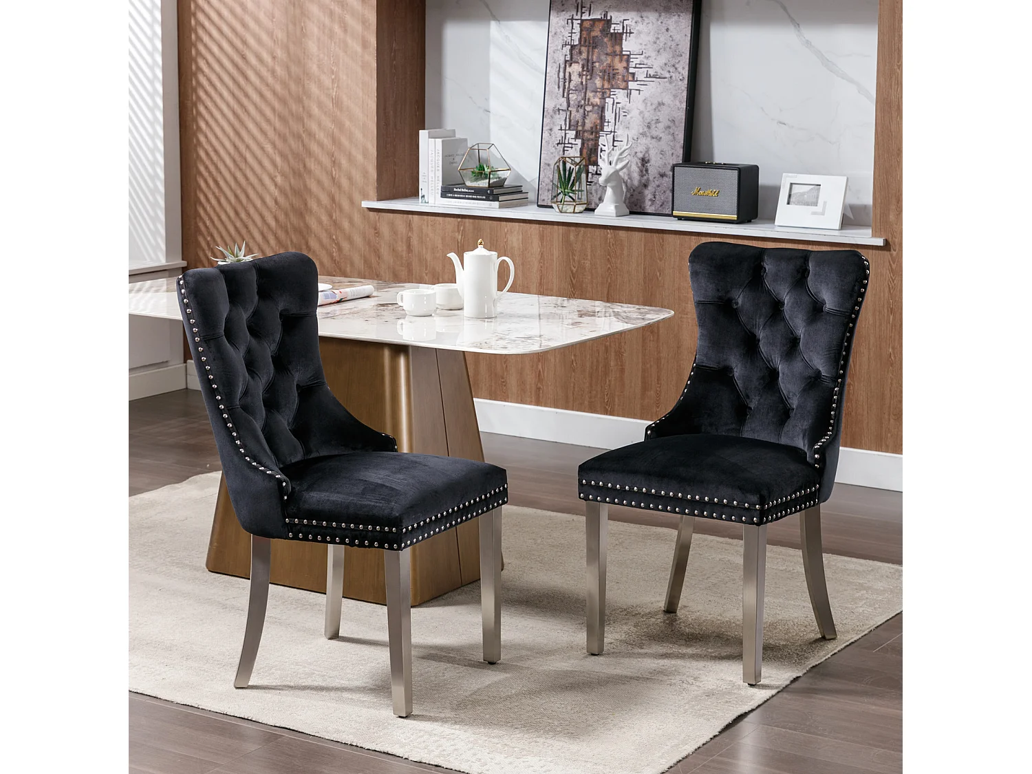 Lot de 2 chaises de salle à manger - Chaises avec dossier rembourré et pieds en acier inoxydable argent - avec garniture cloutée - velours noir