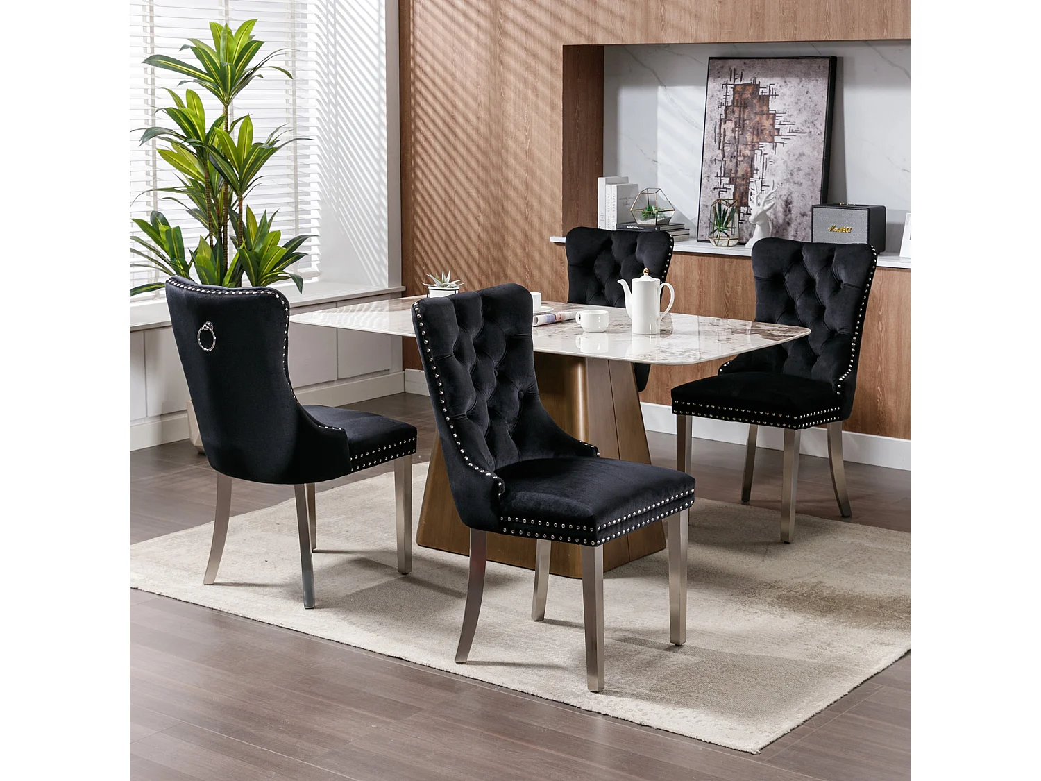 Lot de 2 chaises de salle à manger - Chaises avec dossier rembourré et pieds en acier inoxydable argent - avec garniture cloutée - velours noir