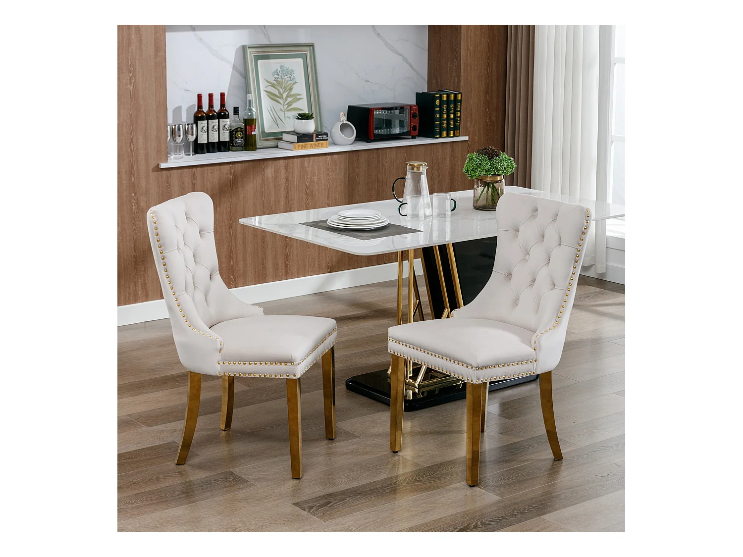 Lot de 2 chaises de salle à manger - Chaises avec dossier rembourré et pieds en acier inoxydable doré - avec garniture cloutée - velours beige