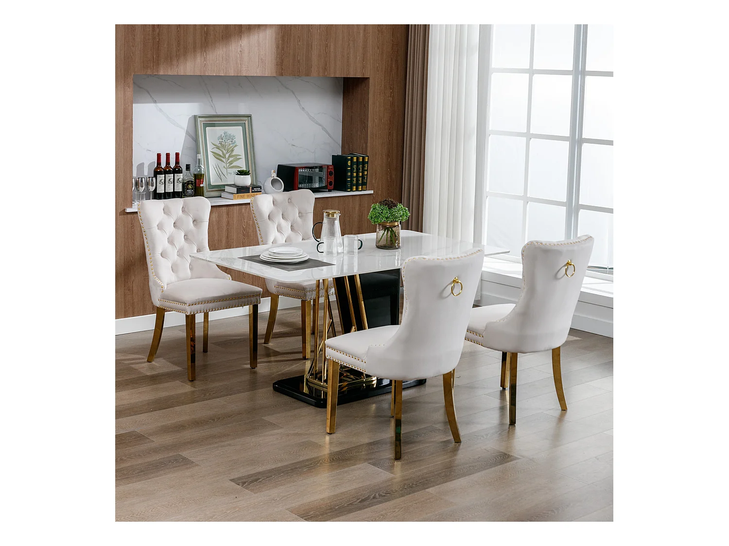 Lot de 2 chaises de salle à manger - Chaises avec dossier rembourré et pieds en acier inoxydable doré - avec garniture cloutée - velours beige