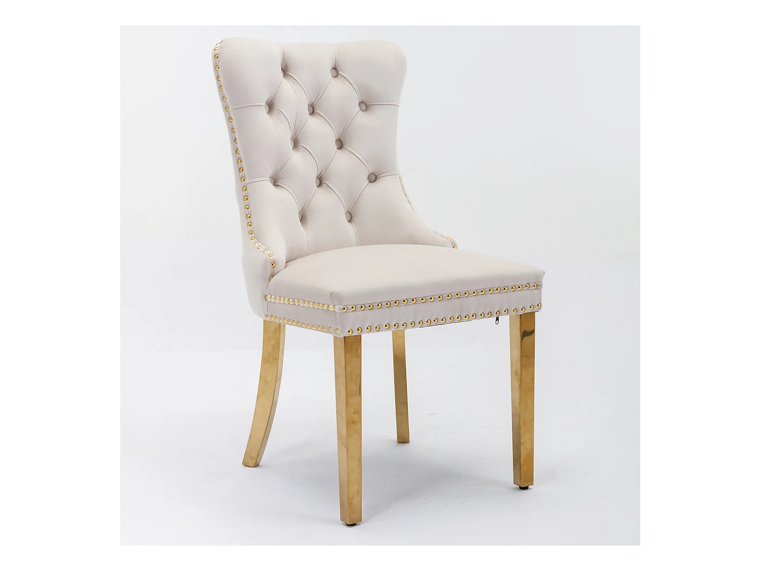 Lot de 2 chaises de salle à manger - Chaises avec dossier rembourré et pieds en acier inoxydable doré - avec garniture cloutée - velours beige