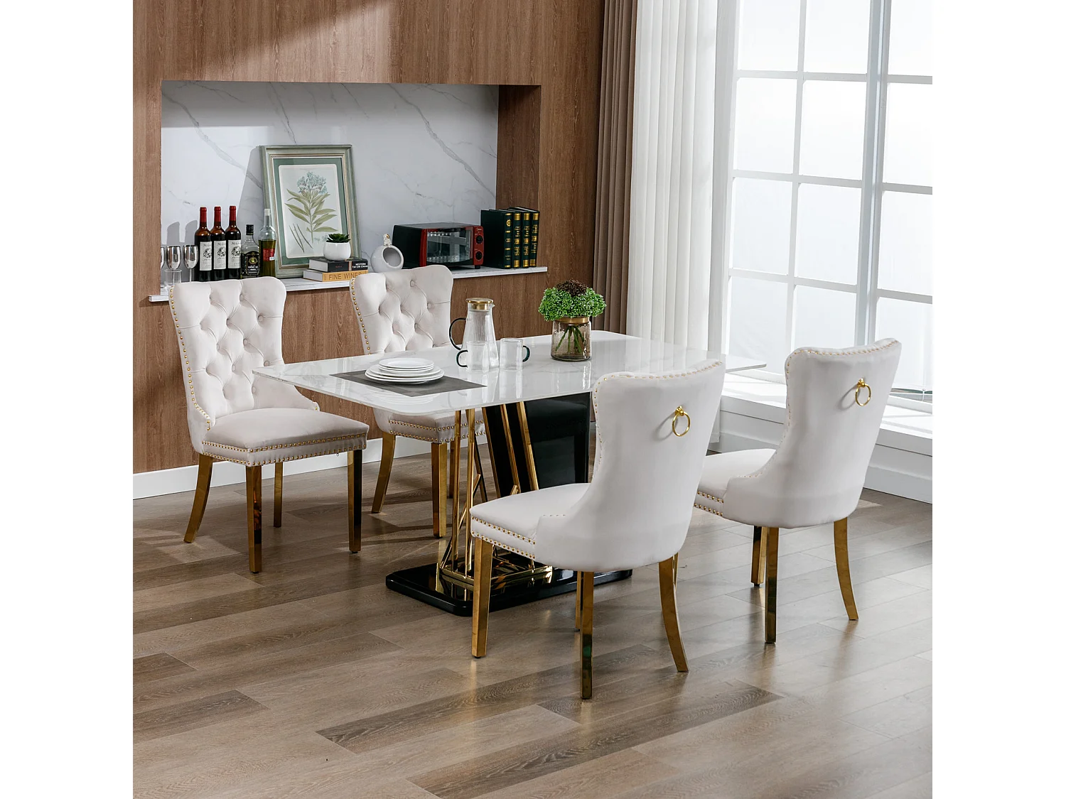 Lot de 2 chaises de salle à manger - Chaises avec dossier rembourré et pieds en acier inoxydable doré - avec garniture cloutée - velours beige