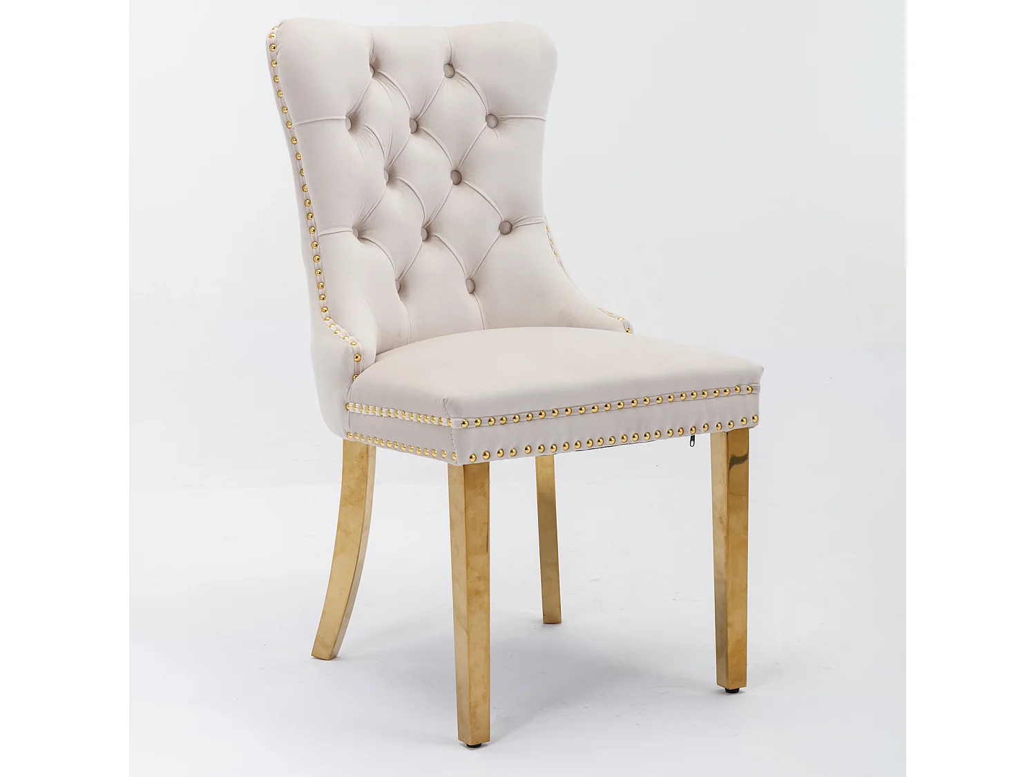 Lot de 2 chaises de salle à manger - Chaises avec dossier rembourré et pieds en acier inoxydable doré - avec garniture cloutée - velours beige