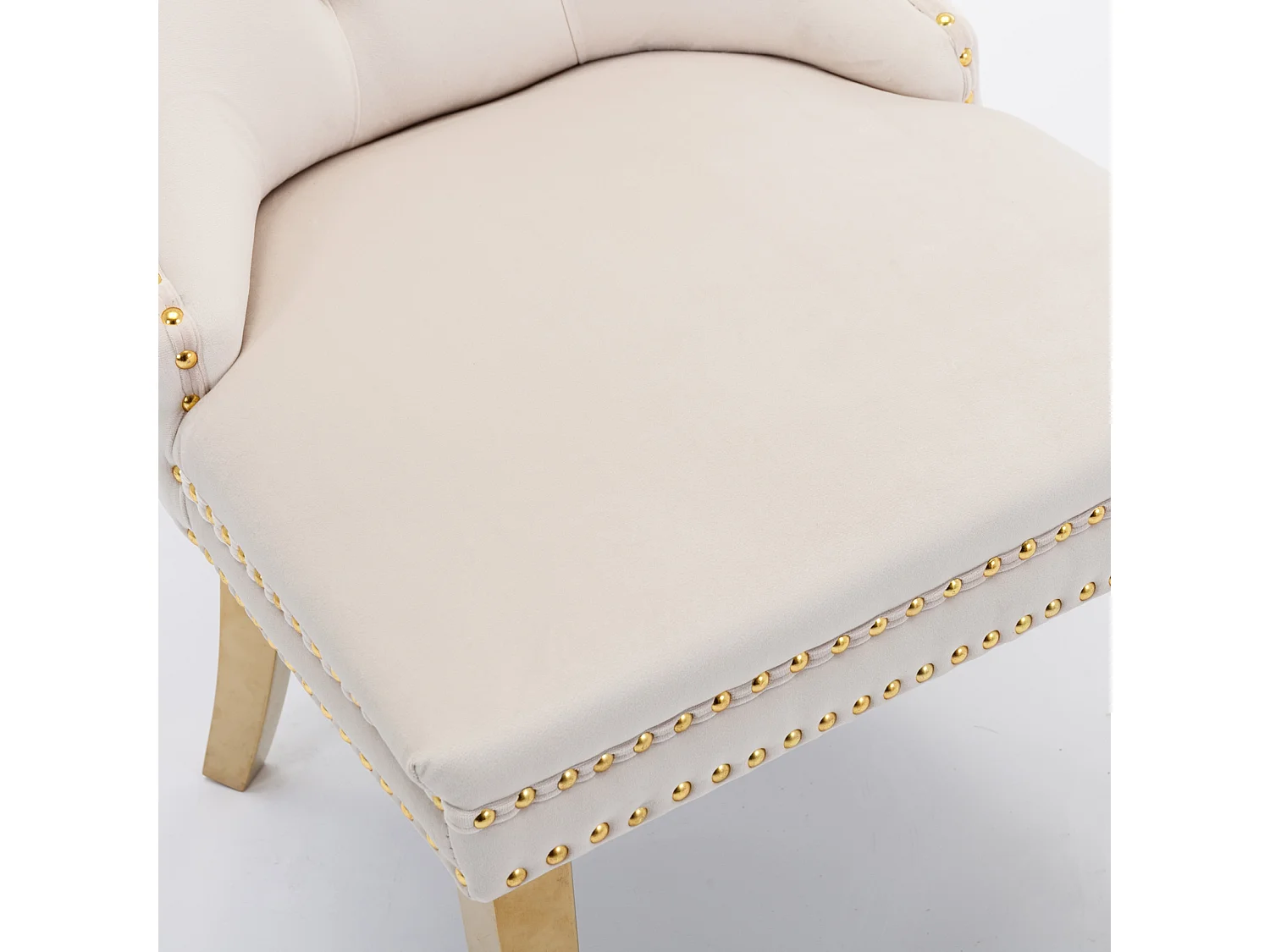 Lot de 2 chaises de salle à manger - Chaises avec dossier rembourré et pieds en acier inoxydable doré - avec garniture cloutée - velours beige