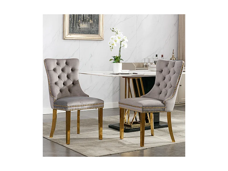 Lot de 2 chaises de salle à manger - Chaises avec dossier rembourré et pieds en acier inoxydable doré - avec garniture cloutée - velours gris