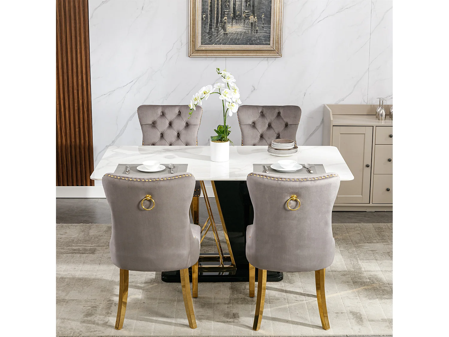 Lot de 2 chaises de salle à manger - Chaises avec dossier rembourré et pieds en acier inoxydable doré - avec garniture cloutée - velours gris