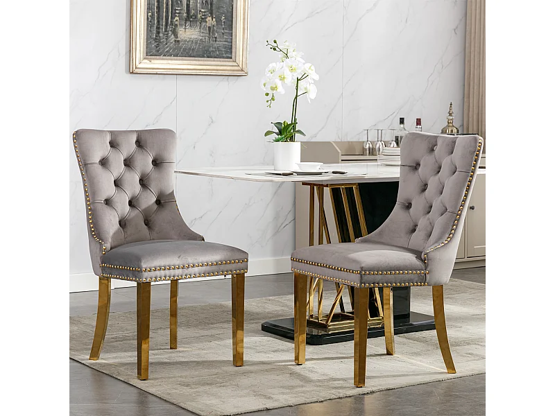 Lot de 2 chaises de salle à manger - Chaises avec dossier rembourré et pieds en acier inoxydable doré - avec garniture cloutée - velours gris