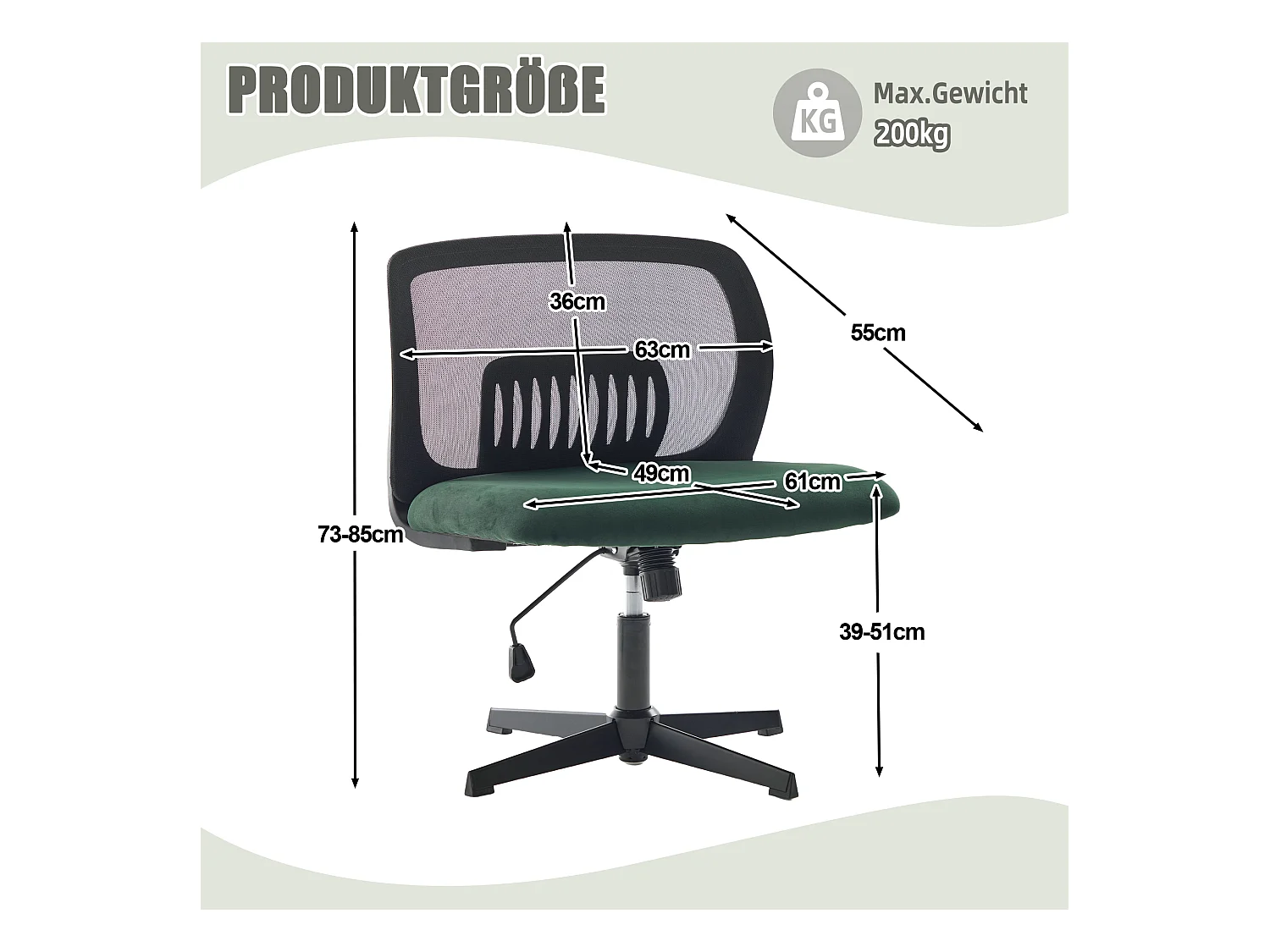 Bürodrehstuhl - Drehsessel mit Wippfunktion und Höhenverstellung - Samt grün