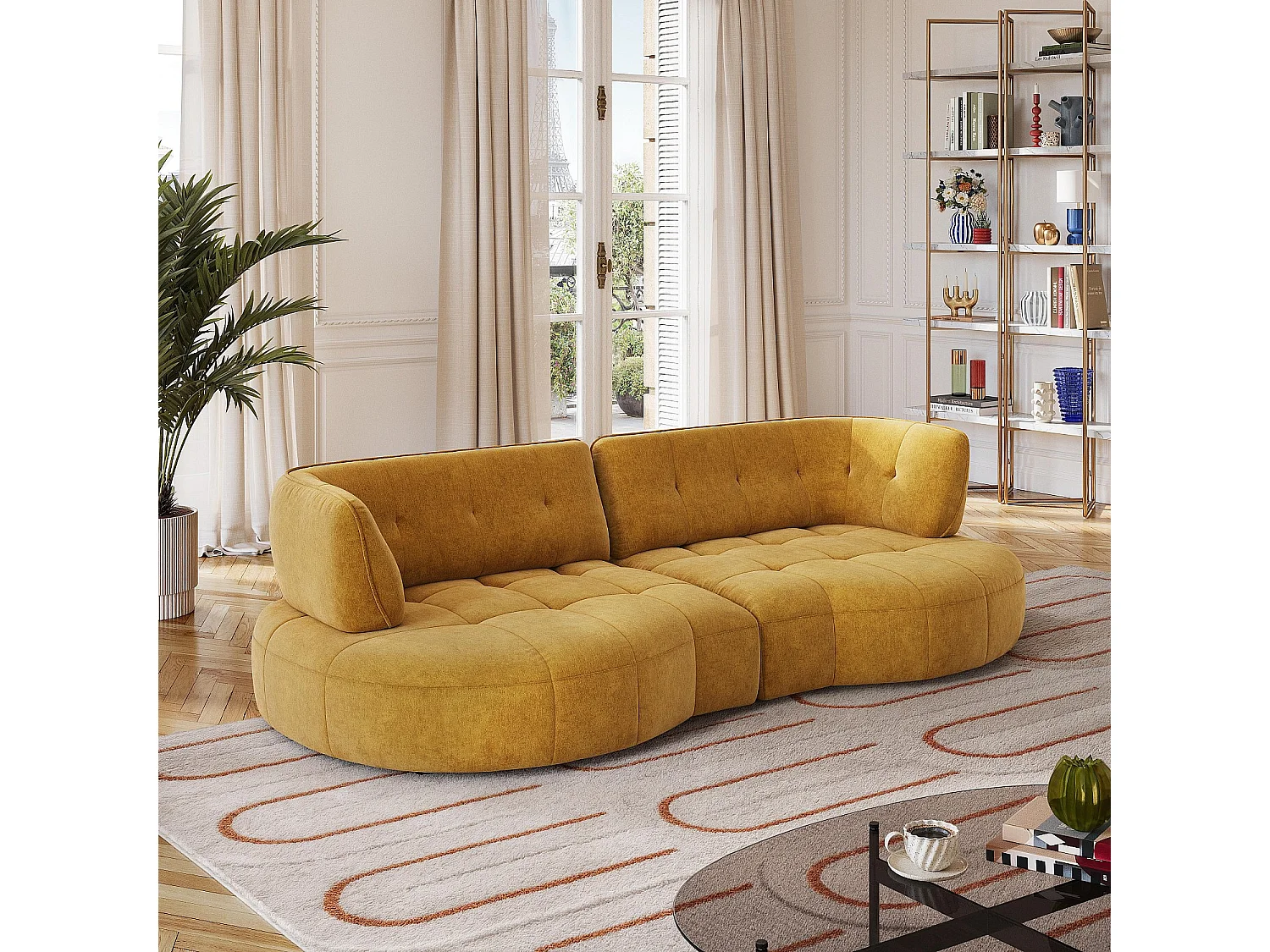 Habitat - Canapé 4 places capitonné en tissu avec dossier avance-recule - Miel - Alizee