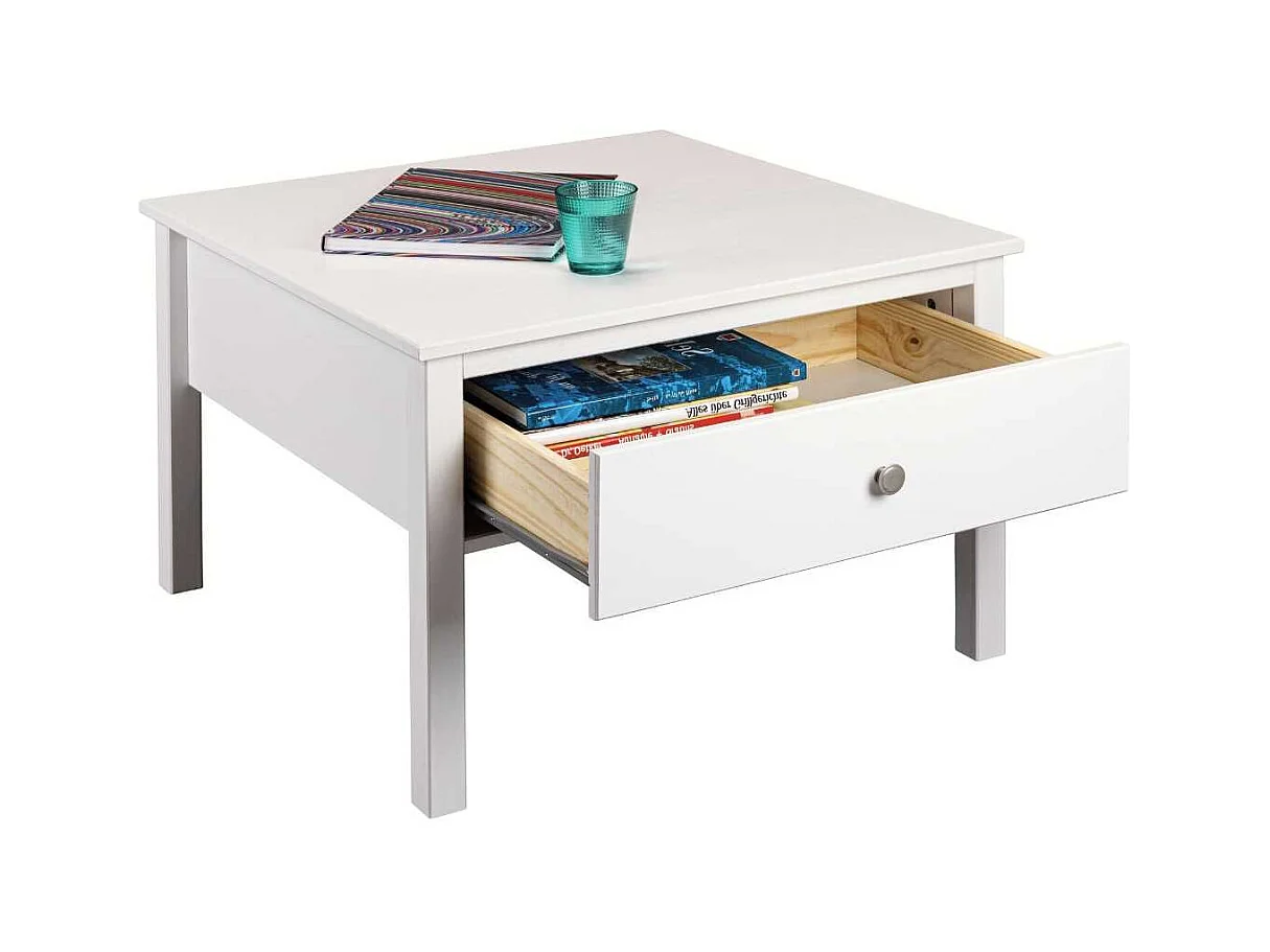 Table basse 1 tiroir en pin massif vernis blanc - DORIE