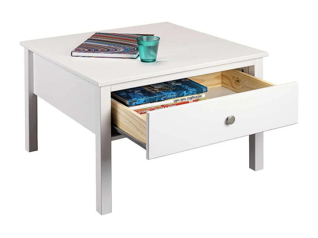 Table basse 1 tiroir en pin massif vernis blanc - DORIE
