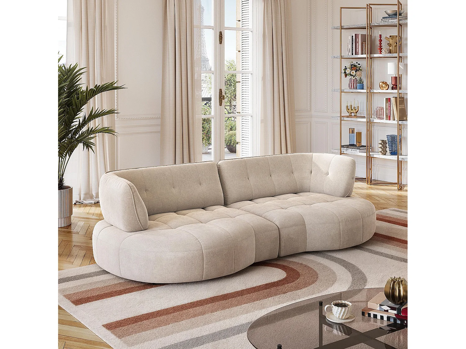 Habitat - Canapé 4 places capitonné en tissu avec dossier avance-recule - Crème - Alizee