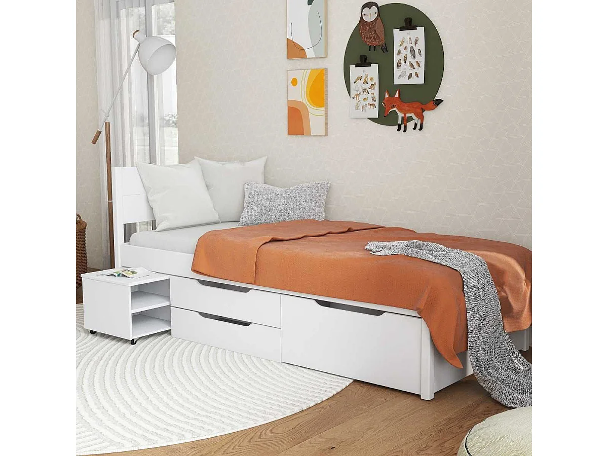 Lit 90x200cm multi-rangement en pin massif vernis blanc - EFECT