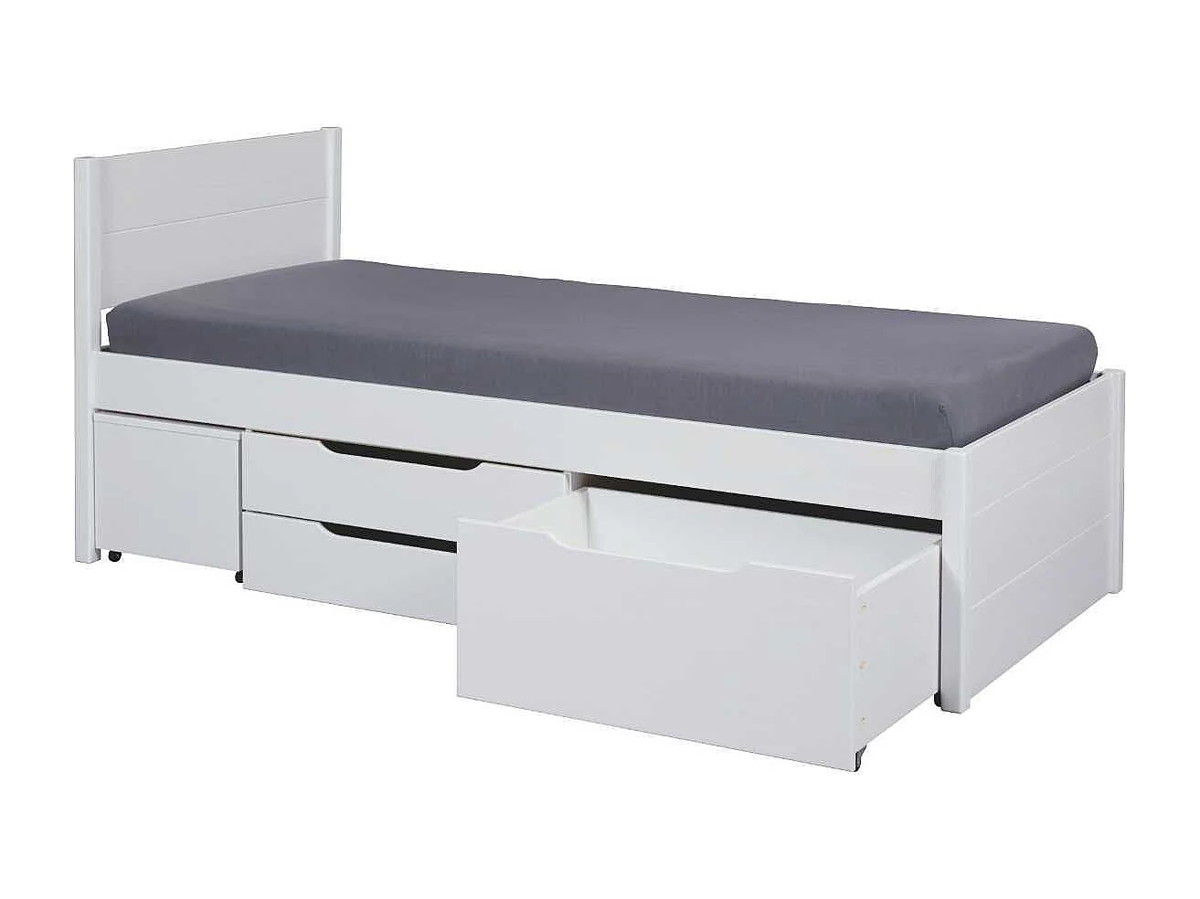 Lit 90x200cm multi-rangement en pin massif vernis blanc - EFECT