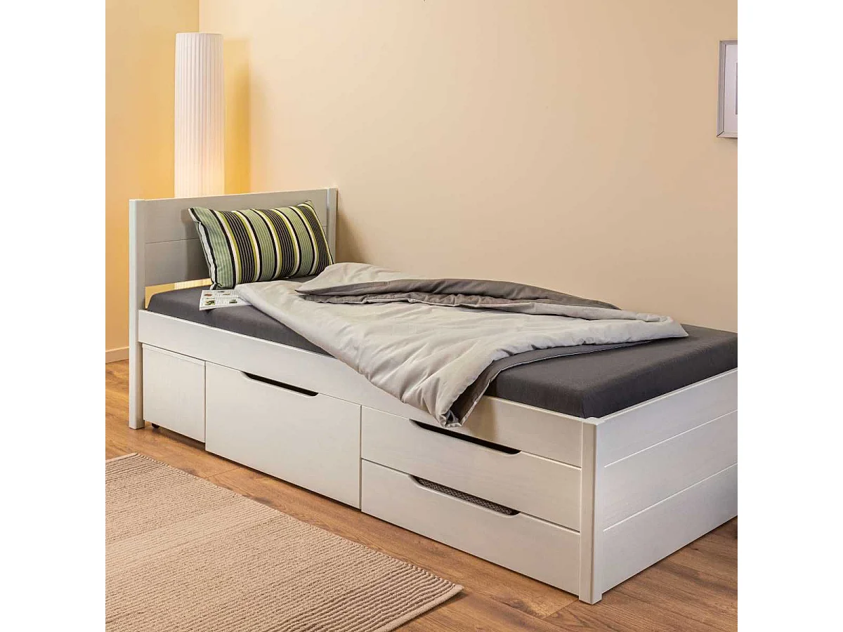 Lit 90x200cm multi-rangement en pin massif vernis blanc - EFECT