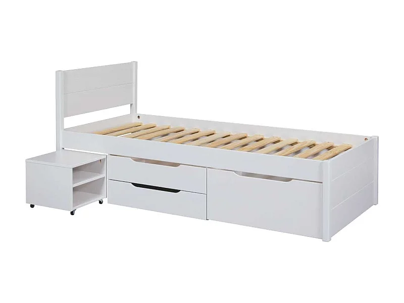 Lit 90x200cm multi-rangement en pin massif vernis blanc - EFECT